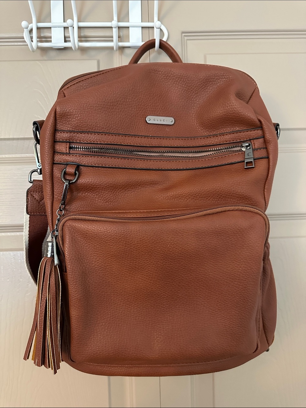 Tan Pebbled Leather Backpack with Tassel